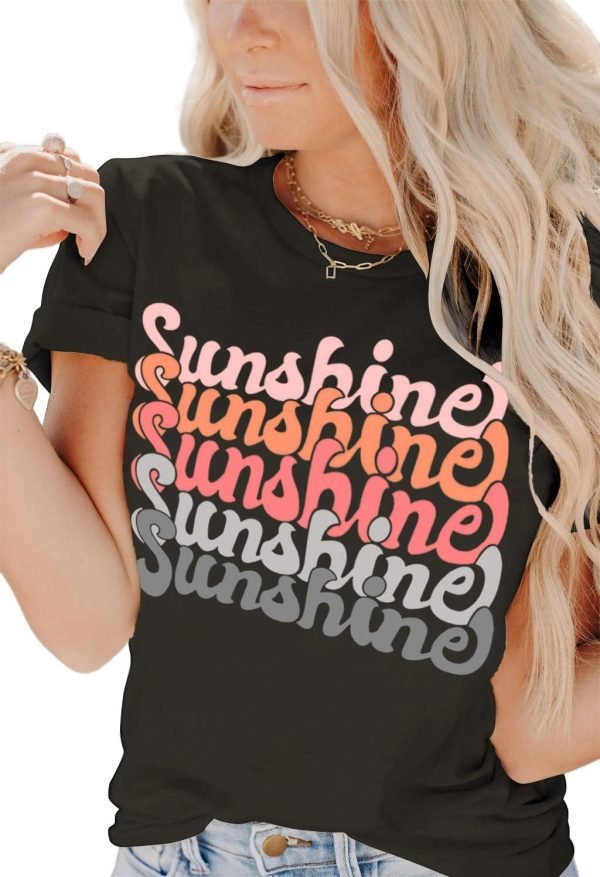 Womens Funny Letters Print T Shirts Short Saonta Shirts Cute Sunshine Graphic Tees Summer Casual Loose Tops