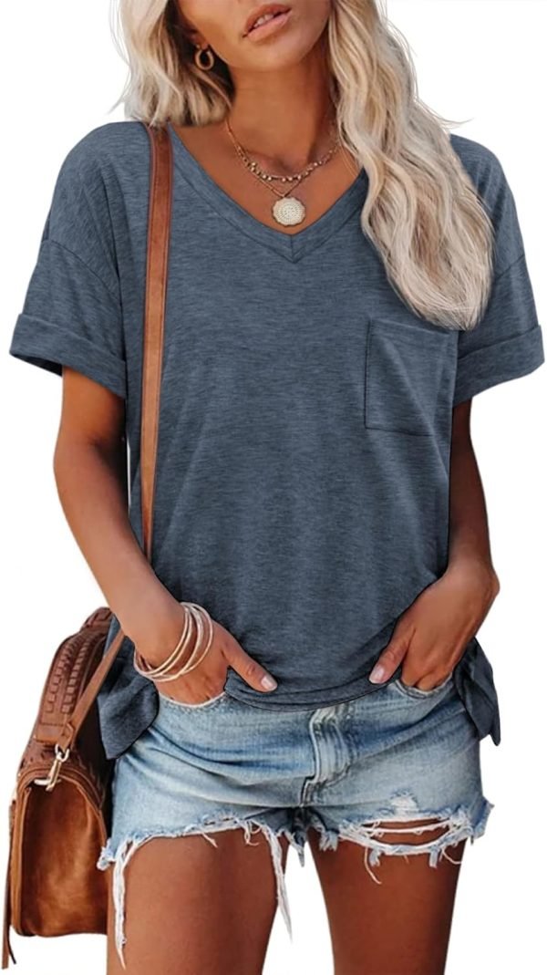 Womens T Shirts 2024 Short Saonta V-Neck Shirts Cute Fit Summer Casual Tee Tops S-XXL