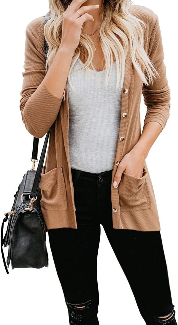 Women's Cardigans Button Down Solid Knit Loose Cardigans with Pockets