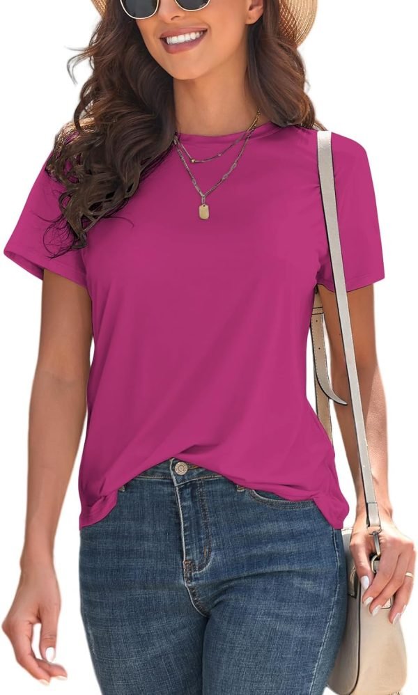Basic T Shirts for Women UPF 50+ Short Saonta Casual Summer Tops Trendy Solid Loose Fit Tshirt