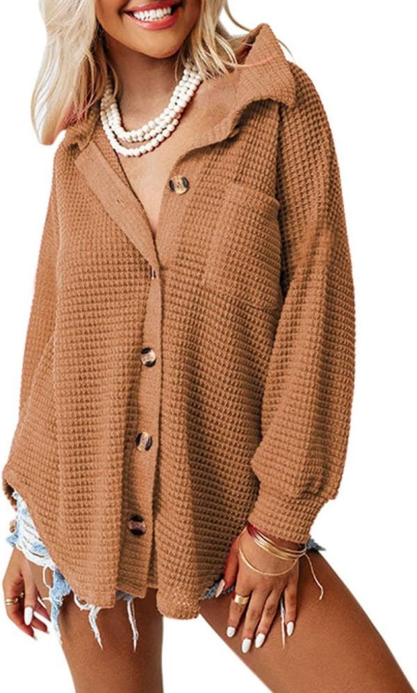 Womens Waffle Knit Shacket Jacket Casual Long Saonta Button Down Shirts Dressy Blouses Tops
