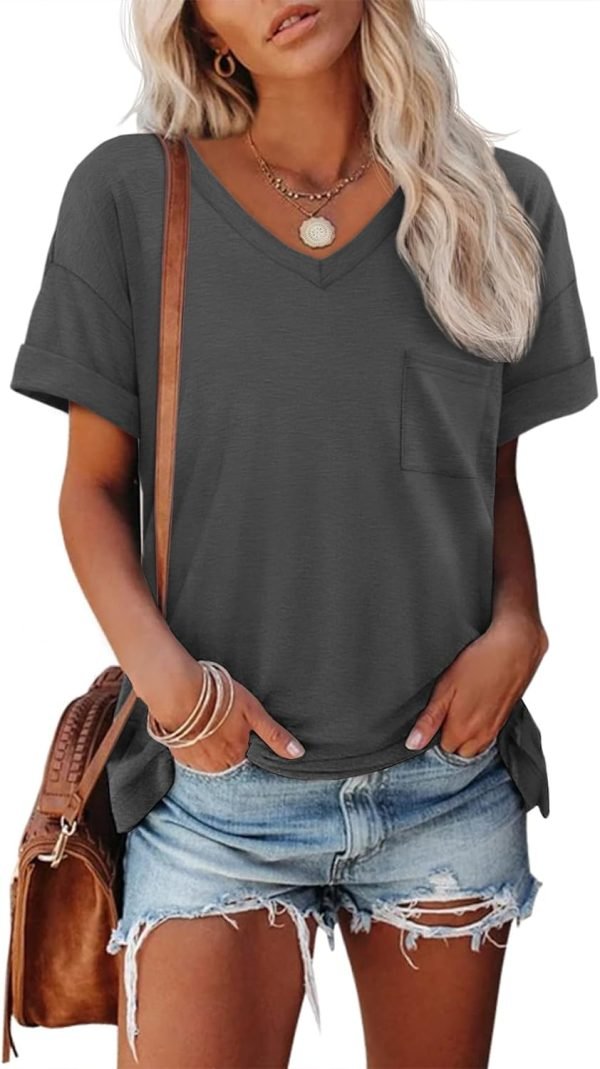 Womens T Shirts 2024 Short Saonta V-Neck Shirts Cute Fit Summer Casual Tee Tops S-XXL