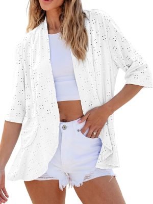 71WE0IUoQML._AC_SL1500 Lightweight Summer Cardigan for Women Spring Netted Knit Ruffle Half Saonta Kimono Cover Ups