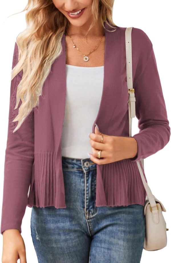Women's Casual Draped Open Front Cropped Cardigan Long Saonta Sweater Peplum Knit Outwear
