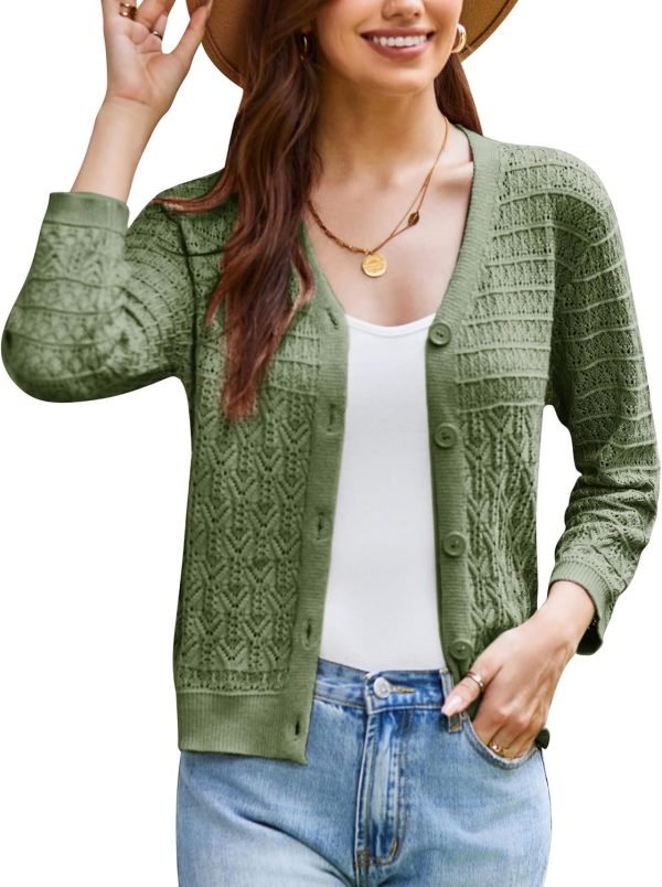 2024 Women's 3/4 Saonta Crochet Knit Button Down Cardigan Cropped Shrug Bolero Lightweight Sweaters Tops