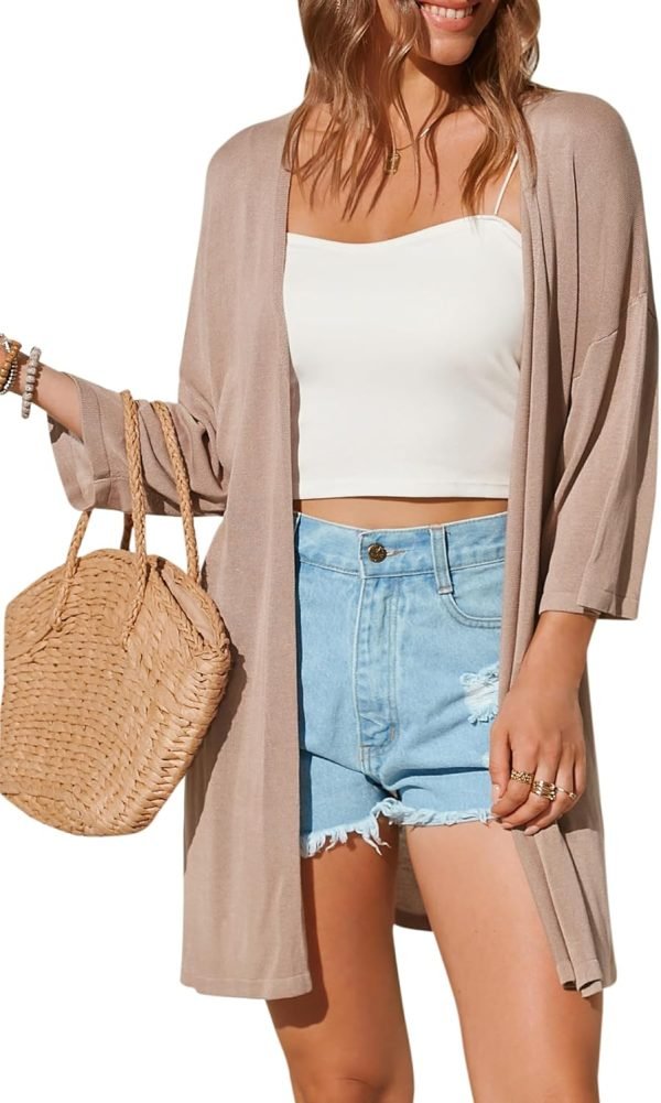 Womens 2024 Casual 3/4 Short Saonta Open Front Cardigan Lightweight Kimono Summer Beach Outfits