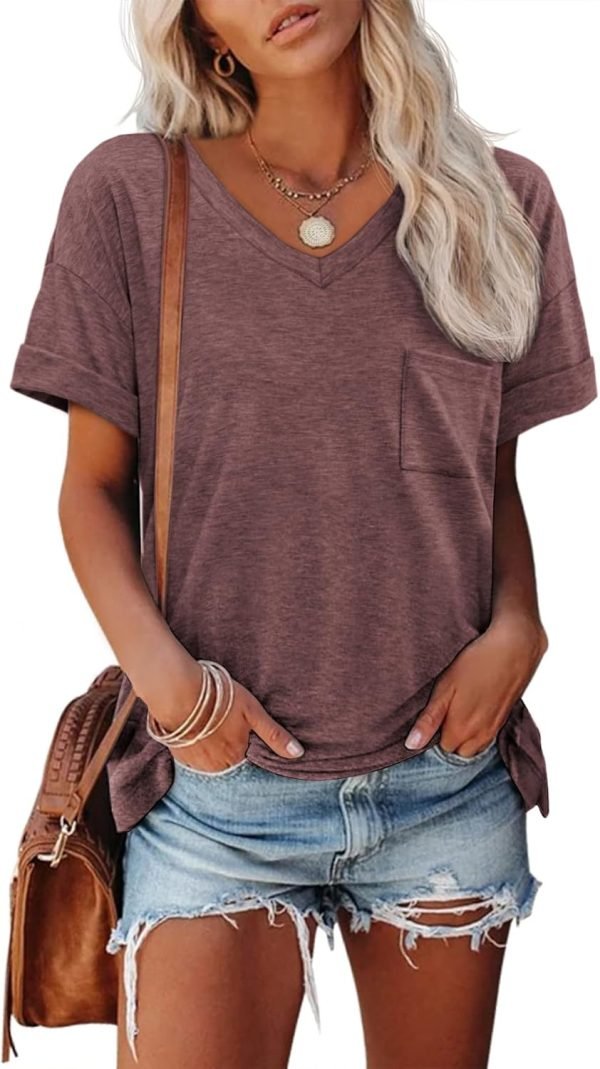 Womens T Shirts 2024 Short Saonta V-Neck Shirts Cute Fit Summer Casual Tee Tops S-XXL