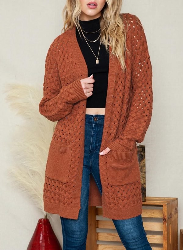 Women's 2024 Fashion Casual Open Front Long Saonta Chunky Cable Knit Cardigans Sweaters Outerwear Coats with Pockets