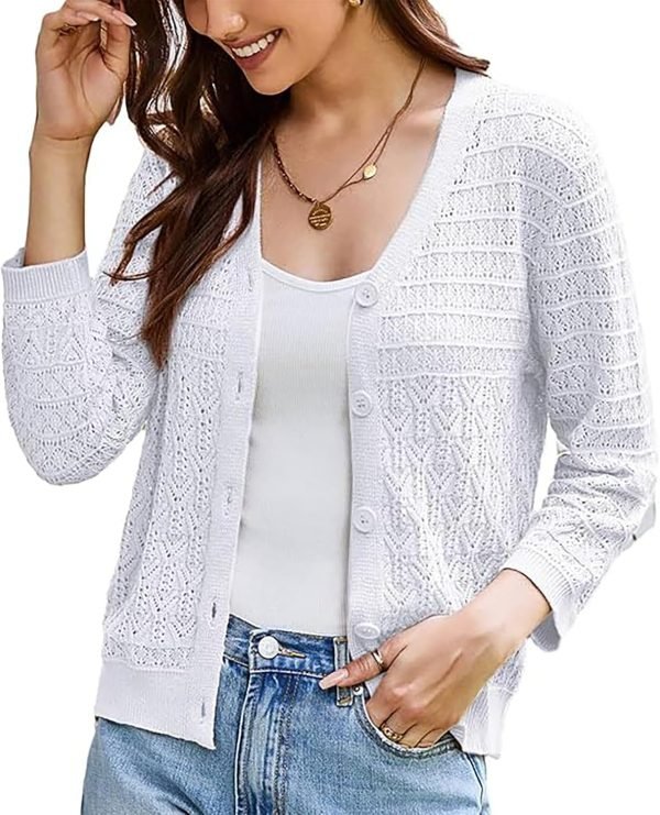 2024 Women's 3/4 Saonta Crochet Knit Button Down Cardigan Cropped Shrug Bolero Lightweight Sweaters Tops