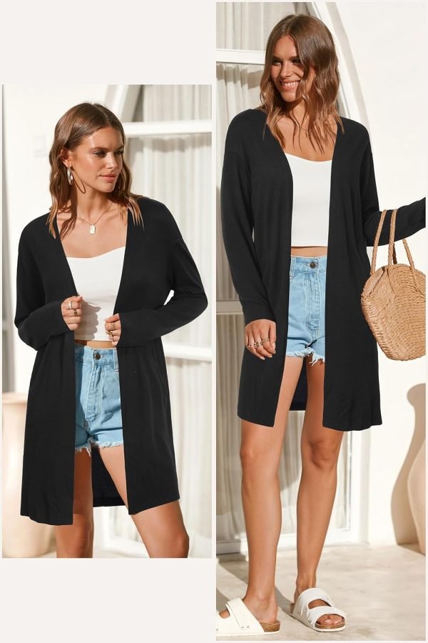 Women's Open Front Cardigan Shirt with Pockets Long Saonta Lightweight Coat