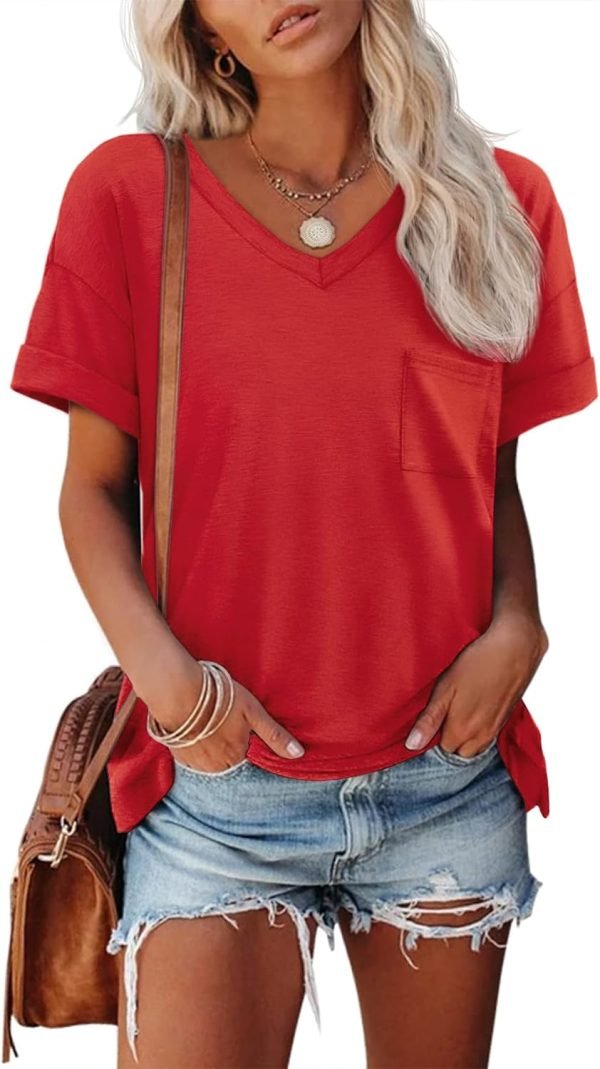 Womens T Shirts 2024 Short Saonta V-Neck Shirts Cute Fit Summer Casual Tee Tops S-XXL