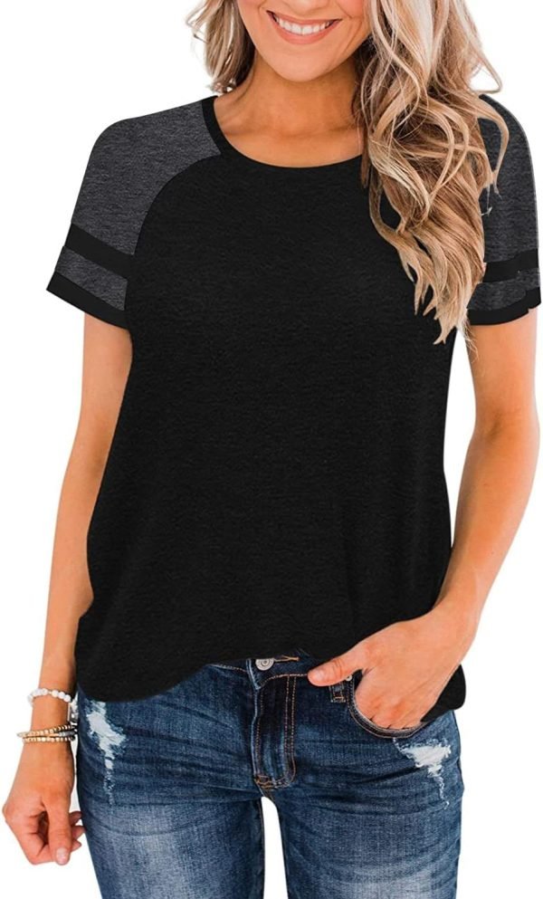 Womens Shirts Casual Tunic Tops Color Block Crewneck Summer Loose Fitting Workout Tee Shirts