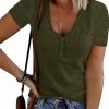 Women's Short Saonta V Neck Ribbed Knit Button T Shirts Henley Solid Color Summer Tops