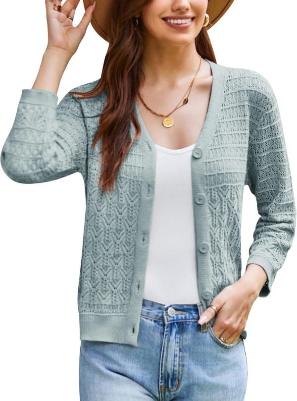 2024 Women's 3/4 Saonta Crochet Knit Button Down Cardigan Cropped Shrug Bolero Lightweight Sweaters Tops