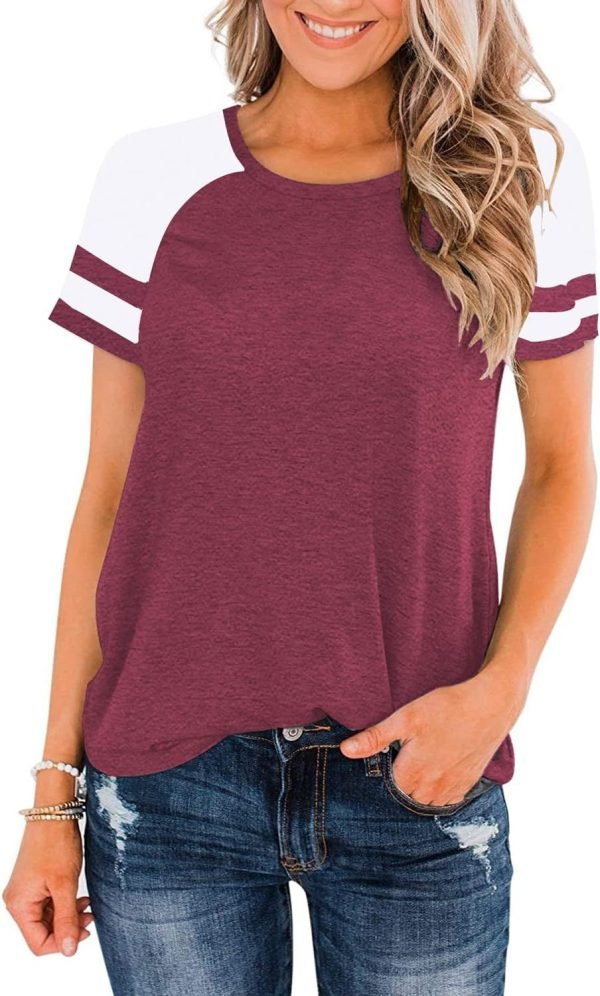 Womens Shirts Casual Tunic Tops Color Block Crewneck Summer Loose Fitting Workout Tee Shirts