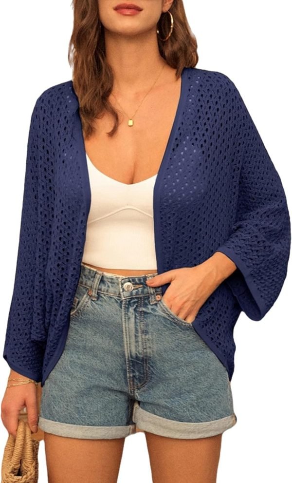 Open Front 3/4 Saonta Batwing Cardigan for Women Lightweight Crochet Summer Cardigan Hollow-out Cover Ups