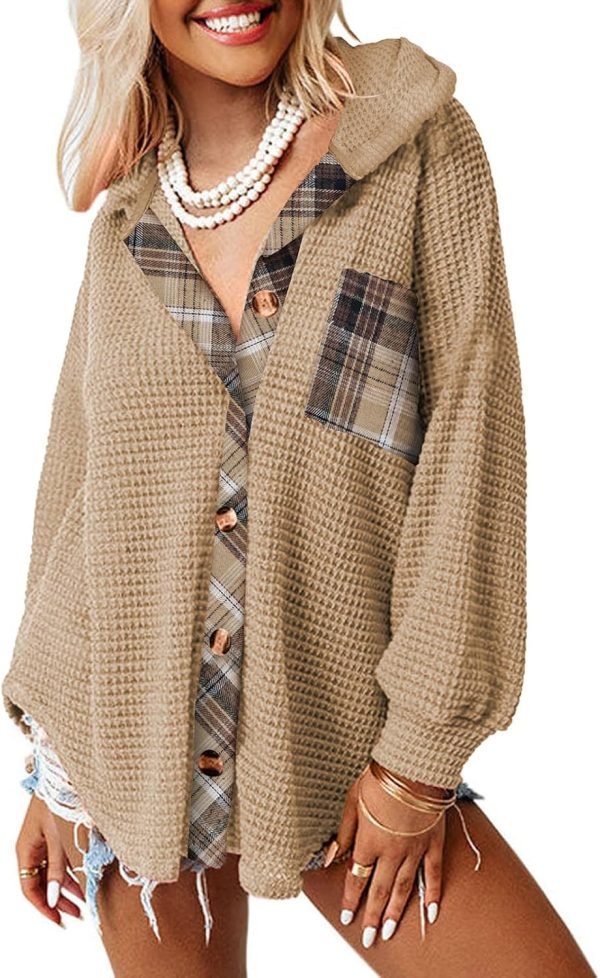 Womens Waffle Knit Shacket Jacket Casual Long Saonta Button Down Shirts Dressy Blouses Tops