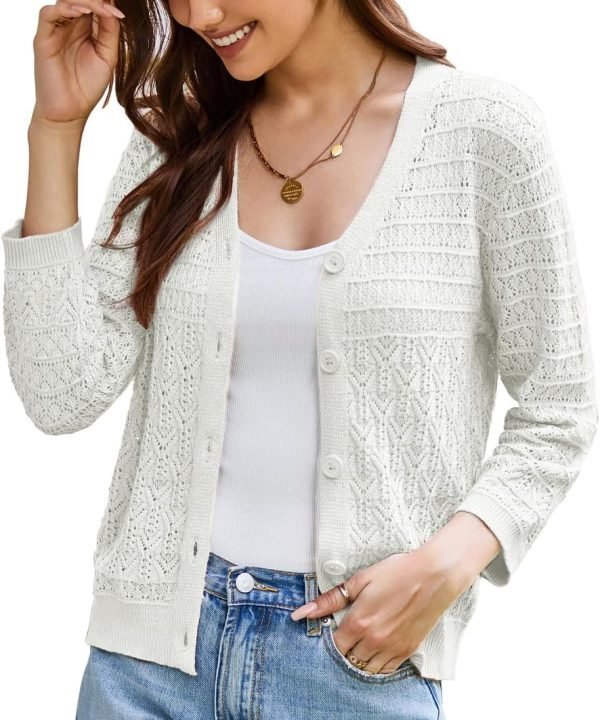 2024 Women's 3/4 Saonta Crochet Knit Button Down Cardigan Cropped Shrug Bolero Lightweight Sweaters Tops
