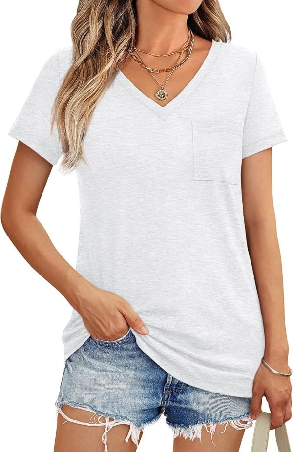 Womens T Shirts Short Saonta V Neck Tops with Pockets Summer Fashion Trendy Soft Casual Comfy Outfits Clothes 2024
