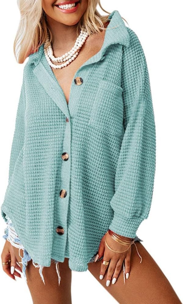 Womens Waffle Knit Shacket Jacket Casual Long Saonta Button Down Shirts Dressy Blouses Tops