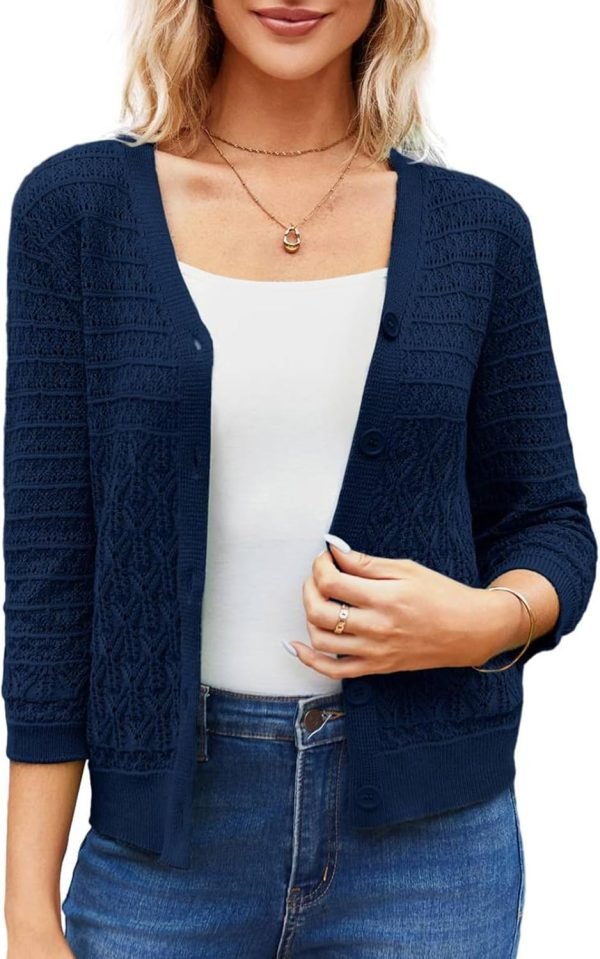 2024 Women's 3/4 Saonta Crochet Knit Button Down Cardigan Cropped Shrug Bolero Lightweight Sweaters Tops
