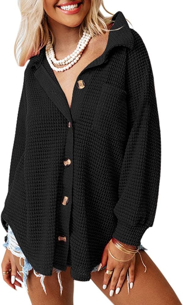 Womens Waffle Knit Shacket Jacket Casual Long Saonta Button Down Shirts Dressy Blouses Tops