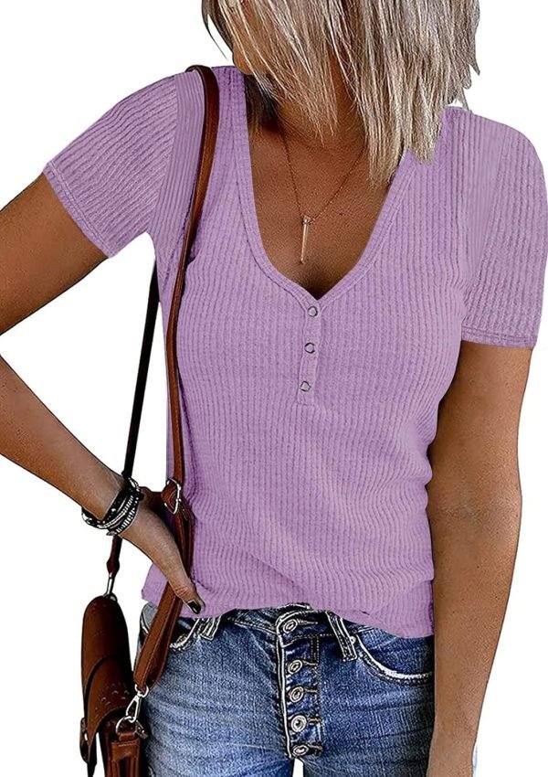 Women's Short Saonta V Neck Ribbed Knit Button T Shirts Henley Solid Color Summer Tops