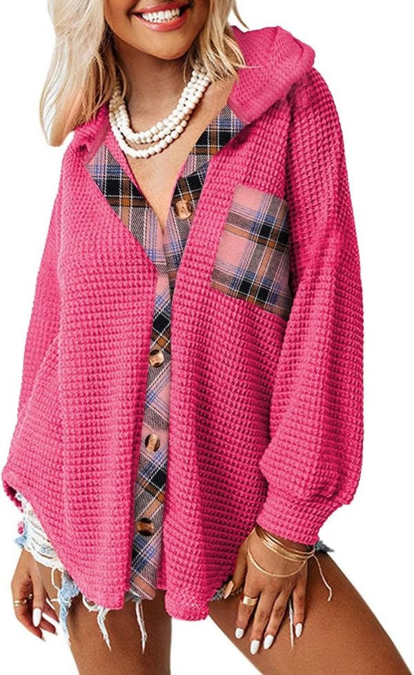 Womens Waffle Knit Shacket Jacket Casual Long Saonta Button Down Shirts Dressy Blouses Tops