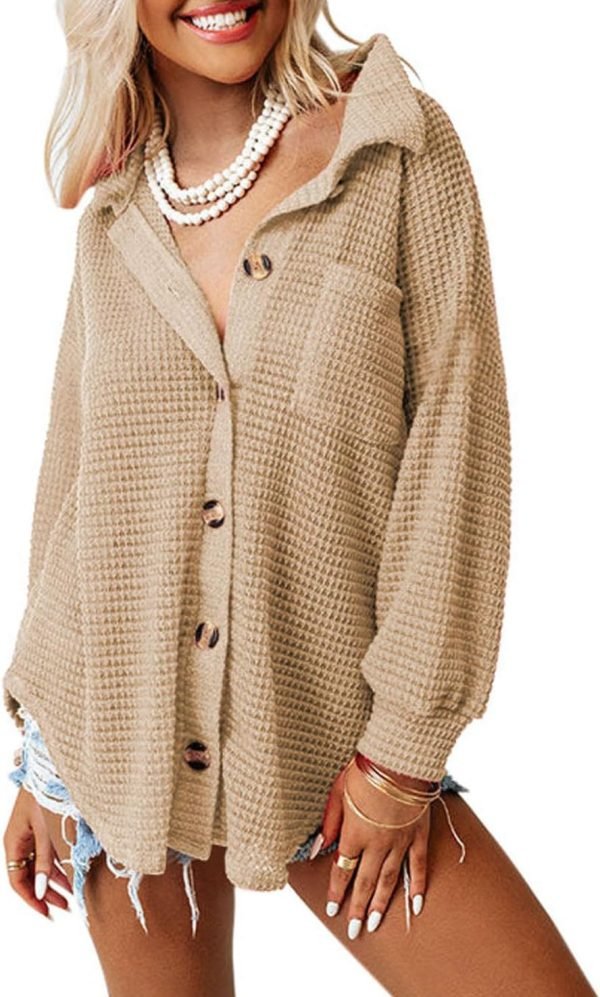 Womens Waffle Knit Shacket Jacket Casual Long Saonta Button Down Shirts Dressy Blouses Tops