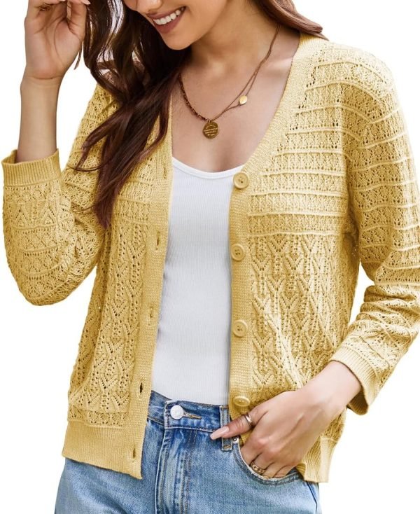 2024 Women's 3/4 Saonta Crochet Knit Button Down Cardigan Cropped Shrug Bolero Lightweight Sweaters Tops