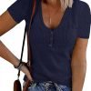 Women's Short Saonta V Neck Ribbed Knit Button T Shirts Henley Solid Color Summer Tops