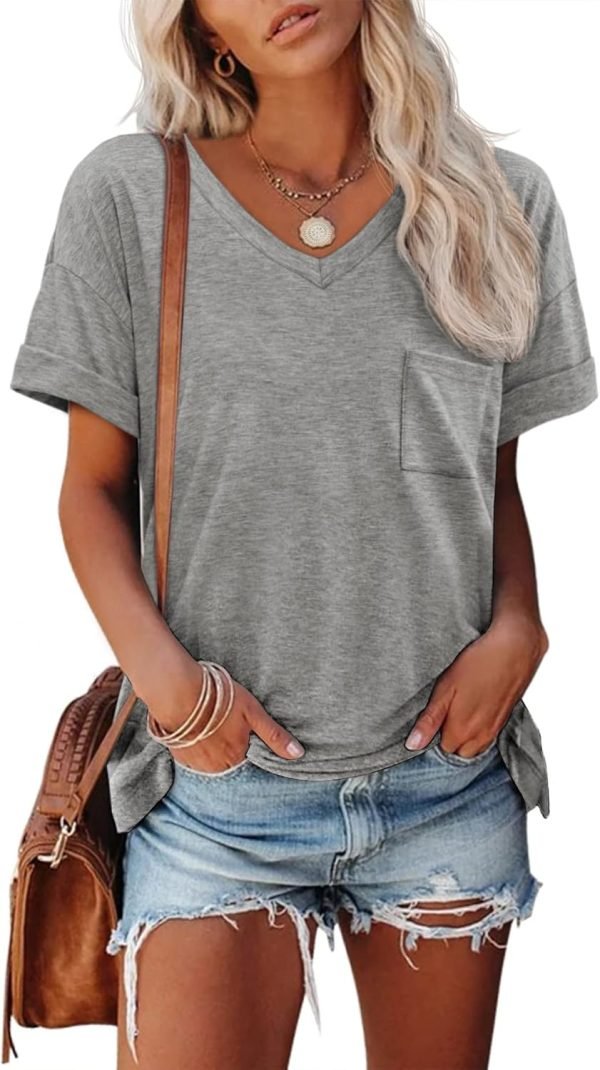 Womens T Shirts 2024 Short Saonta V-Neck Shirts Cute Fit Summer Casual Tee Tops S-XXL