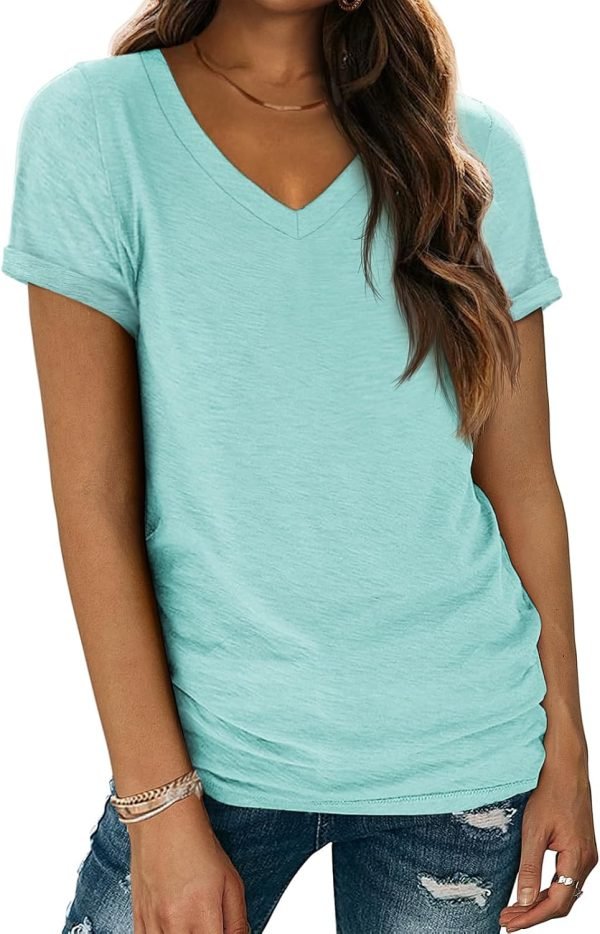 T Shirts Short Saonta V Neck Tees for Women Fashion Tops Trendy Lightweight Soft Casual Summer Outfits Clothes 2024