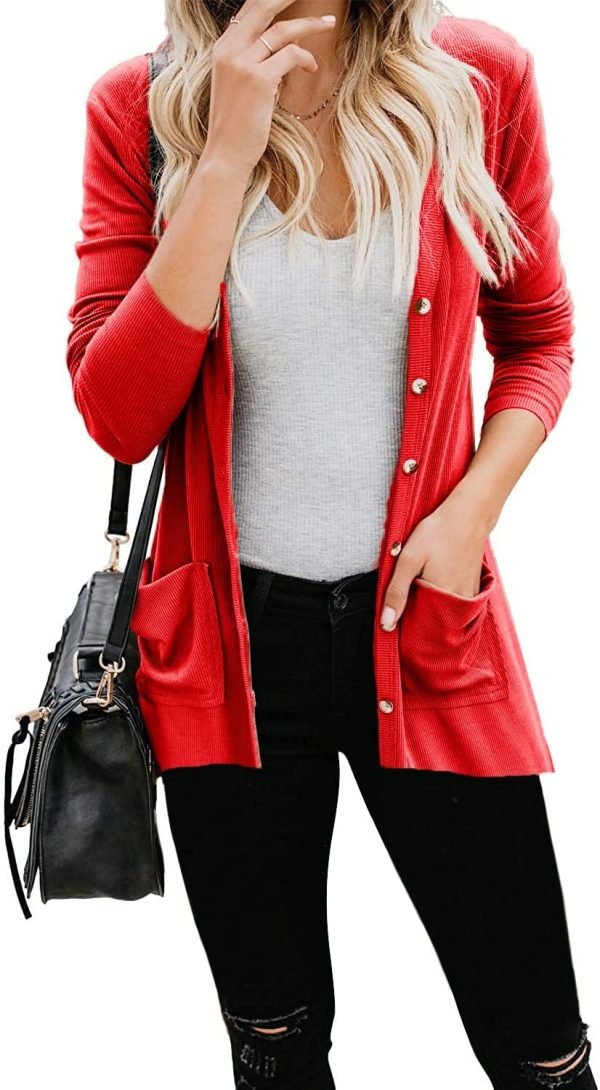 Women's Cardigans Button Down Solid Knit Loose Cardigans with Pockets