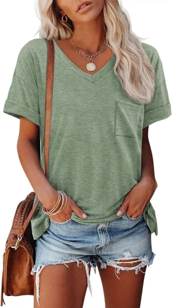 Womens T Shirts 2024 Short Saonta V-Neck Shirts Cute Fit Summer Casual Tee Tops S-XXL