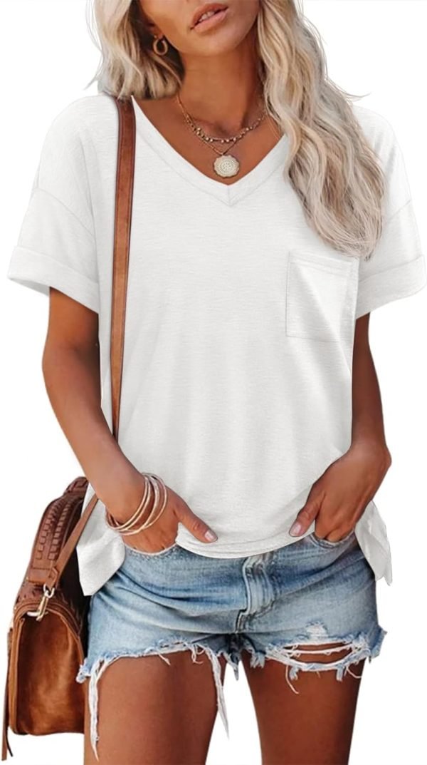 Womens T Shirts 2024 Short Saonta V-Neck Shirts Cute Fit Summer Casual Tee Tops S-XXL