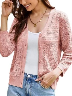 71wkw0ji61L._AC_SL1500 2024 Women's 3/4 Saonta Crochet Knit Button Down Cardigan Cropped Shrug Bolero Lightweight Sweaters Tops