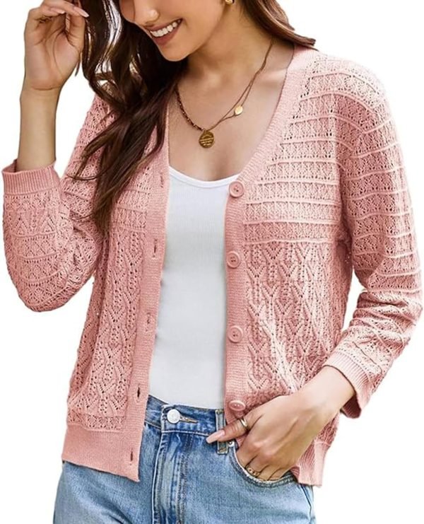 2024 Women's 3/4 Saonta Crochet Knit Button Down Cardigan Cropped Shrug Bolero Lightweight Sweaters Tops