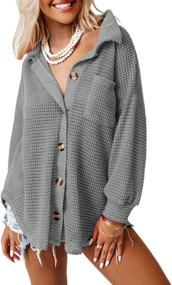 Womens Waffle Knit Shacket Jacket Casual Long Saonta Button Down Shirts Dressy Blouses Tops