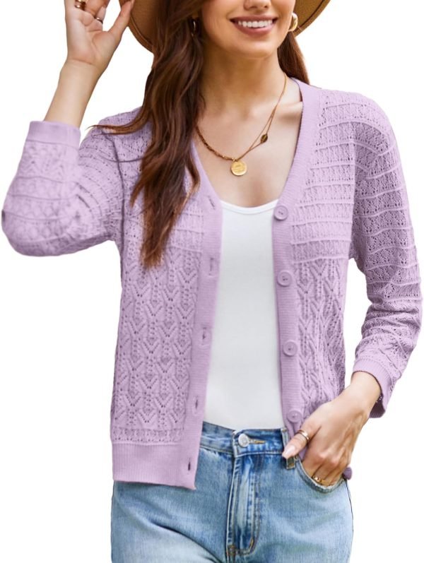 2024 Women's 3/4 Saonta Crochet Knit Button Down Cardigan Cropped Shrug Bolero Lightweight Sweaters Tops