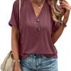 Womens Tshirts V Neck Short Saonta Buttons Tops Tee Solid Color Blouse Loose Fit