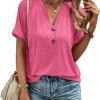 Womens Tshirts V Neck Short Saonta Buttons Tops Tee Solid Color Blouse Loose Fit