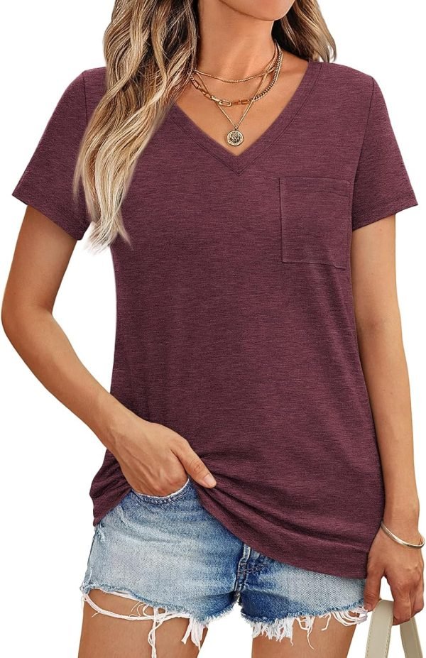 Womens T Shirts Short Saonta V Neck Tops with Pockets Summer Fashion Trendy Soft Casual Comfy Outfits Clothes 2024