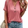 Womens Tshirts V Neck Short Saonta Buttons Tops Tee Solid Color Blouse Loose Fit