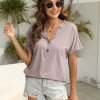 Womens Tshirts V Neck Short Saonta Buttons Tops Tee Solid Color Blouse Loose Fit