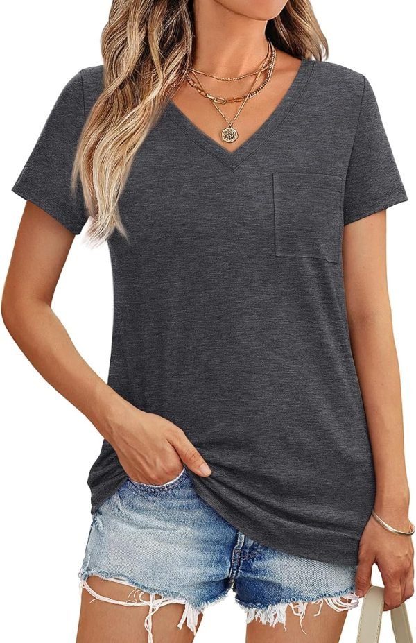 Womens T Shirts Short Saonta V Neck Tops with Pockets Summer Fashion Trendy Soft Casual Comfy Outfits Clothes 2024