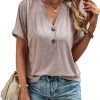 Womens Tshirts V Neck Short Saonta Buttons Tops Tee Solid Color Blouse Loose Fit