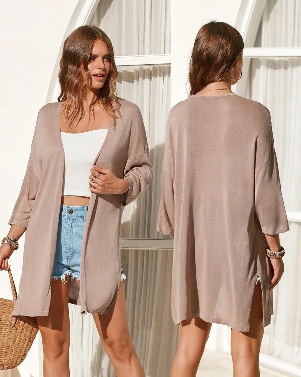 Womens 2024 Casual 3/4 Short Saonta Open Front Cardigan Lightweight Kimono Summer Beach Outfits