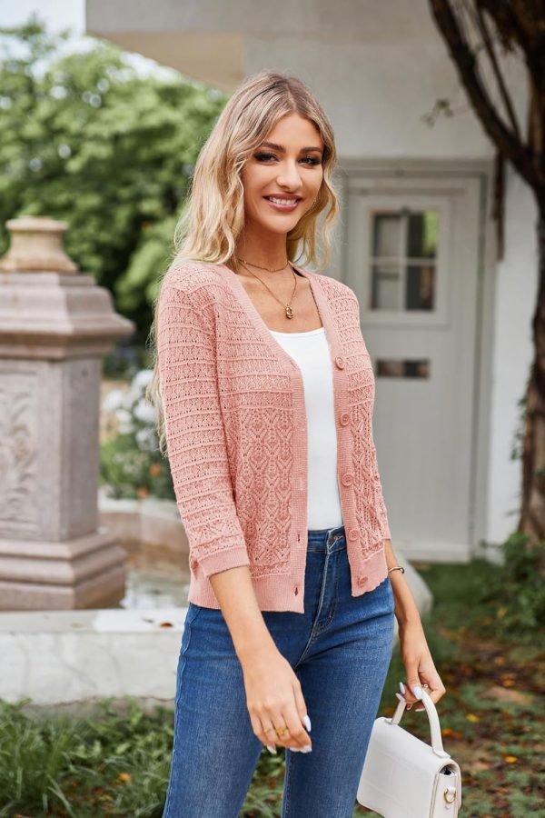 2024 Women's 3/4 Saonta Crochet Knit Button Down Cardigan Cropped Shrug Bolero Lightweight Sweaters Tops
