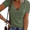 Women's Short Saonta V Neck Ribbed Knit Button T Shirts Henley Solid Color Summer Tops